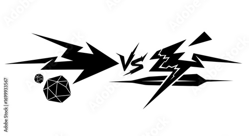 A dynamic black and white vector graphic for a versus screen. Features VS letters with opposing abstract shapes and a lightning bolt for battle or game.