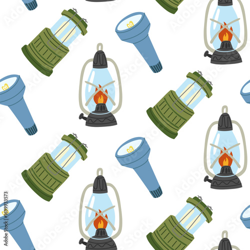 Pattern of outdoor lighting items. Flat color seamless texture. Hand-held flashlight, kerosene lamp, LED flashlight. For lighting in the forest. Design for packaging. Picnic, camping, walking forest