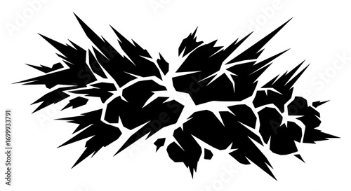 Isolated black silhouette of a dynamic explosion with a cracked texture and sharp spikes. Vector illustration ideal for comic book effects or abstract art.