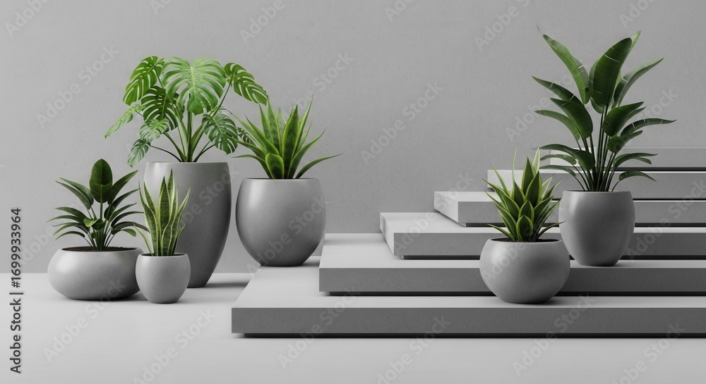 Fototapeta premium Collection of potted green plants on a light gray surface with rectangular steps