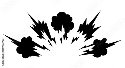 Isolated vector silhouette of a dynamic comic book explosion. Graphic element with blast, shockwave, and smoke clouds for manga and action scene effects.