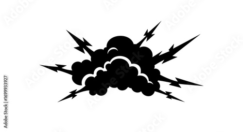 Dynamic cartoon explosion silhouette. An isolated black vector graphic featuring a blast with smoke puffs and shockwaves for manga or action scene effects.