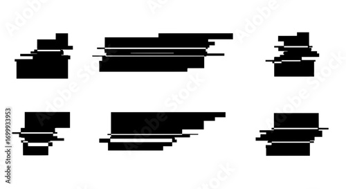 A set of black abstract shapes with a digital glitch effect. Isolated vector elements for creating cyberpunk graphics, futuristic designs, or data error concepts.
