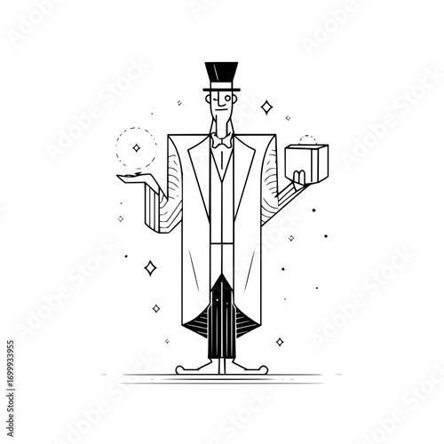 Stylized magician figure in top hat and coat holding a sphere and a box with geometric details