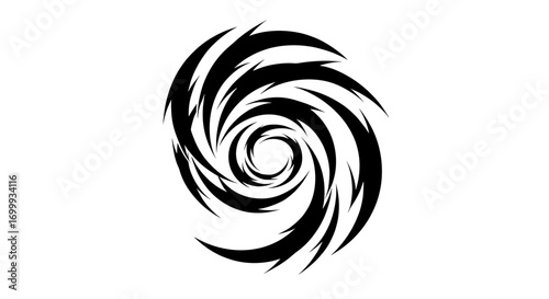 Minimalist black and white abstract spiral. A dynamic tribal vortex symbol representing a hurricane, storm, power, or energy. Isolated vector graphic icon.