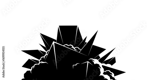Abstract illustration of sharp crystals emerging from clouds. A minimalist black silhouette icon for logos, gaming assets, or magical concepts.