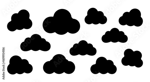A simple vector set of various fluffy black cloud silhouettes. Isolated icons for weather, sky, or data computing concepts on a white background.