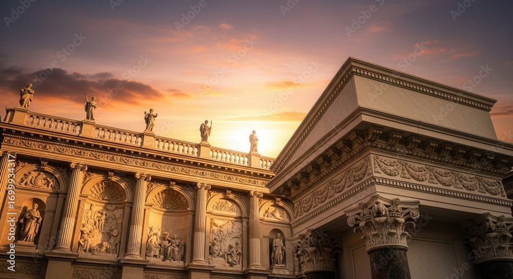 Obraz premium Grand architectural facade with rooftop statues ornate reliefs and columns under a warm sky