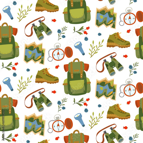 Pattern of camping supplies. Flat color seamless texture. Backpack, binoculars, map, compass, boots, berries, branches,. Design for packaging. Picnic, camping, walking in the forest