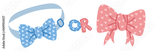 Banner for a gender party. Pink and blue bows for hair and a butterfly for a neck on white. Flat color illustration of items related to a boy or a girl. Determining the gender of a child. Clothing