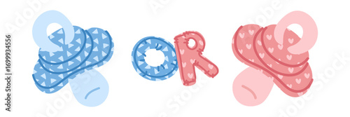Banner for a gender party. Pink and blue pacifier nipples on white. Babies. Flat color illustration of items related to a boy or a girl. Determining the gender of a child. Food