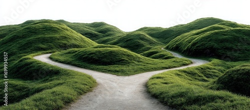 Image of a path splitting in two amidst rolling green hills under a bright, clear sky