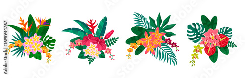 Tropical flowers bouquet vector illustration set isolated on white background. Hibiscus, strelitzia with palm tree leaves, floral party beach pattern, orchid anthurium logo. Hawaii summer party poster