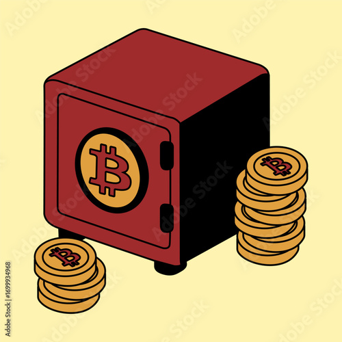 A red safe with Bitcoin symbol surrounded by stacks of golden cryptocurrency coins on a yellow background, representing crypto security and digital asset storage