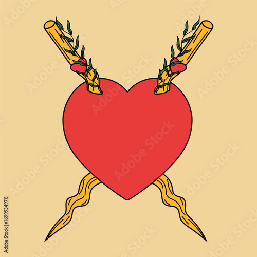 Symbolic Red Heart with Crossed Spears and Leaves