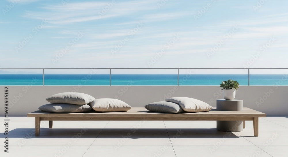 Fototapeta premium Modern outdoor terrace featuring a wooden lounge bed with light cushions a potted succulent on a side table and a vast ocean view