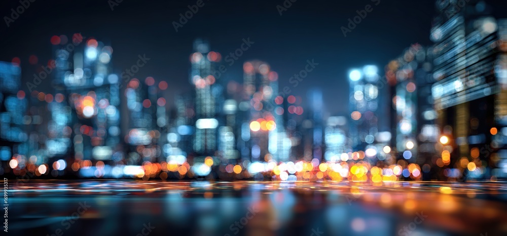 Fototapeta premium Technology screen with blurred city abstract lights background. High quality
