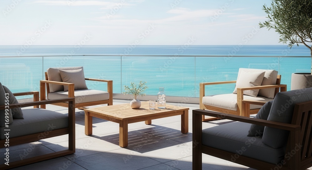 Obraz premium Outdoor patio with modern wooden furniture and glass railing overlooking the ocean A table features a vase glass and bottle