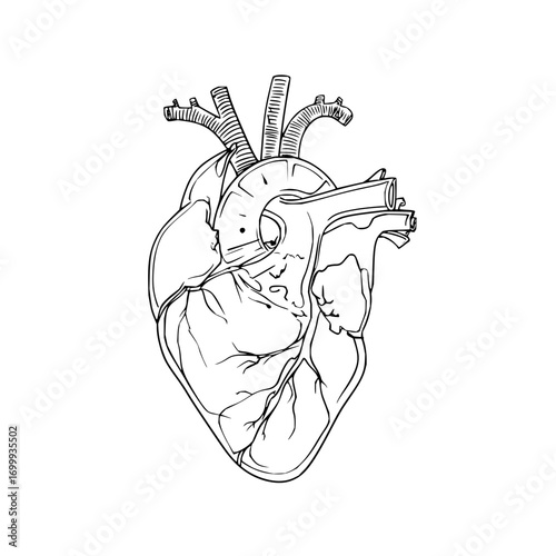 Anatomical heart illustration in black and white with detailed veins and arteries on a white background