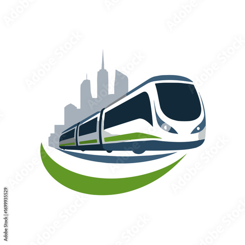 Modern train with city skyline in eco transport logo design