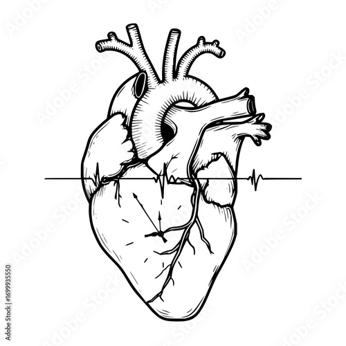 Anatomical heart with clock face and heartbeat line in black and white detailed illustration style