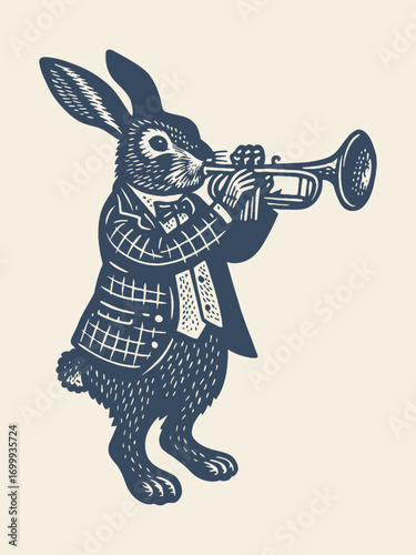Trumpet hare engraving vintage vector illustration