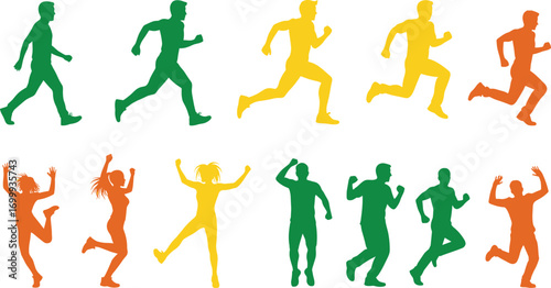 Colorful silhouettes of people running and dancing, active movement, fitness and energy, vibrant exercise poses, dynamic body motion, joyful healthy lifestyle