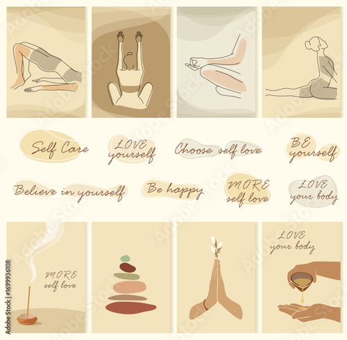 A set of posters with women practicing yoga, spa items, and motivational phrases. Healthy lifestyle. Vector illustration.
