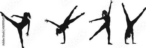 Female gymnast silhouettes, artistic gymnastics poses, athletic woman performing, balance and flexibility, dance and strength, gymnastic movements, sports silhouette