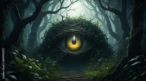 A cinematic spooky haunted forest halloween background. A dense, thorny thicket of bushes and vines blocks a path, with a single, unnaturally glowing eye visible from deep within.