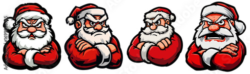 Cartoon character of an angry Santa Claus with crossed arms, badge or sticker, collection and variation. Isolated on white or transparent background, png. Generative Ai.