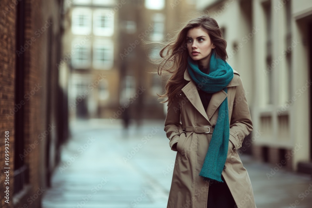 Fototapeta premium A young woman in a beige trench coat and teal scarf strolls down a city street, windswept hair adding to her stylish autumn look.