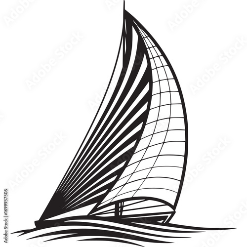 Vector art of black and white graphic illustration of a sailboat with striped and checkered sails on wavy water