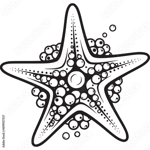 Vector art of detailed black and white illustration of a starfish surrounded by small bubbles