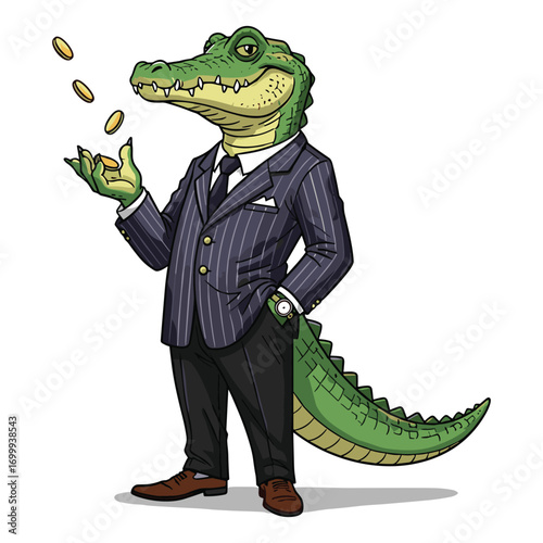 Cartoon Crocodile in Pinstripe Suit Tossing Coins for Wealth Management Concepts