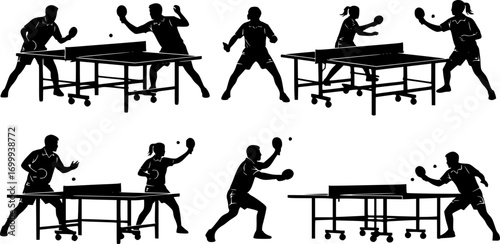 Table tennis player silhouettes, Table tennis silhouettes, Table tennis svg, Table tennis clipart, Table tennis player vector illustration.