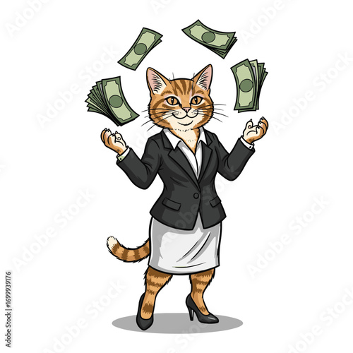 Sophisticated Cat in Business Suit Juggling Money Cartoon for Finance and Marketing Needs