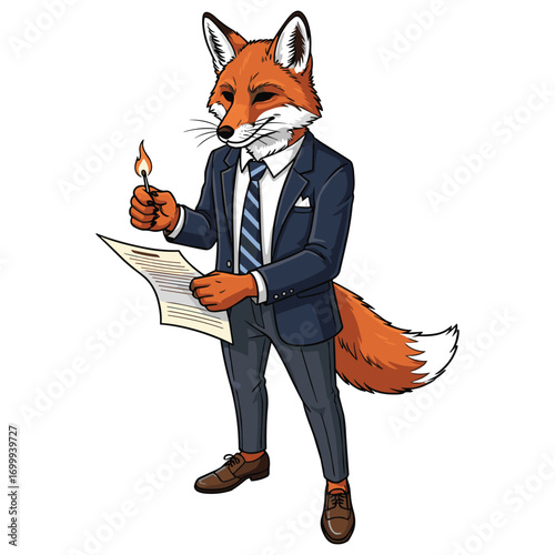 Fox Businessperson Holding Burning Match Cartoon Illustration for Creative Agency Use