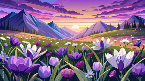 Vast panoramic grassland alive with purple and white flowers. Close-up details show radiant blossoms shining like jewels, whispering stories of freedom, tranquility, and the timeless artistry of natur