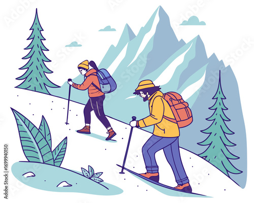 People hiking with sticks on snowy mountain trail, pine forest and frozen peaks, vector illustration
