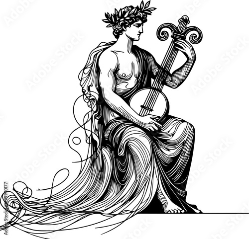 Mythical figure playing a lyre with flowing hair and draped clothing  