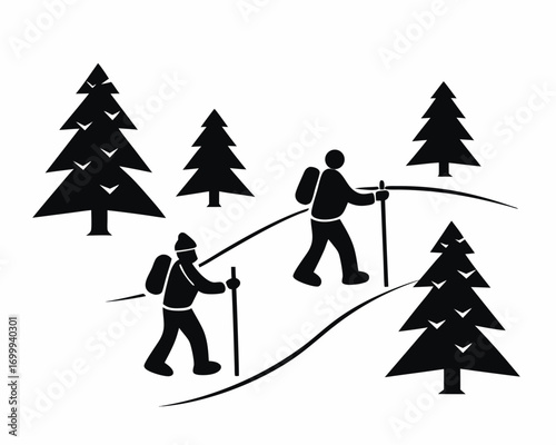 People hiking with sticks on snowy mountain trail, pine forest and frozen peaks, silhouette vector illustration