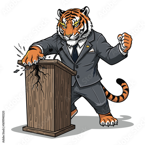 Powerful Tiger Cartoon Character Delivering Dynamic Speech Breaking Podium Business Concept