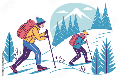 People hiking with sticks on snowy mountain trail, pine forest and frozen peaks, vector illustration