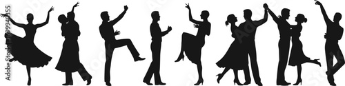 Silhouettes of Dancing Couples Performing Ballroom, Tango, Latin, and Elegant Dance Moves, Romantic Dance Poses, Vector Illustration for Events