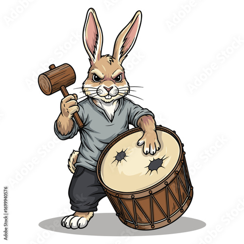 Anthropomorphic rabbit drummer with a mallet striking a damaged vintage drum illustration