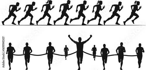 Silhouettes of Runners Racing to Finish Line, Marathon Competition Illustration, Athletic Victory Moment, Sprinting People Isolated Vector Art