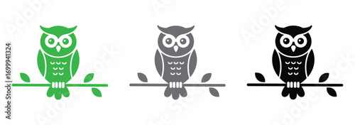 Vector art of three owls of different colors, green, gray, and black, are perched on a branch, , showcasing a simple yet elegant design with a focus on color variation