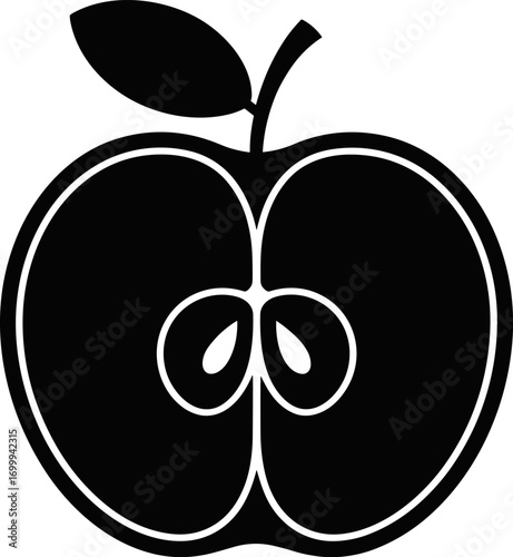 A striking black and white illustration of a halved apple revealing its core and seeds symbolizing freshness and healthy eating habits