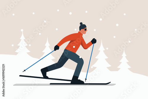 Man skiing cross country on snowy winter landscape, wearing jacket, hat and sunglasses, holding ski poles gliding through pine forest, outdoor sport and holiday activity. Flat vector illustration